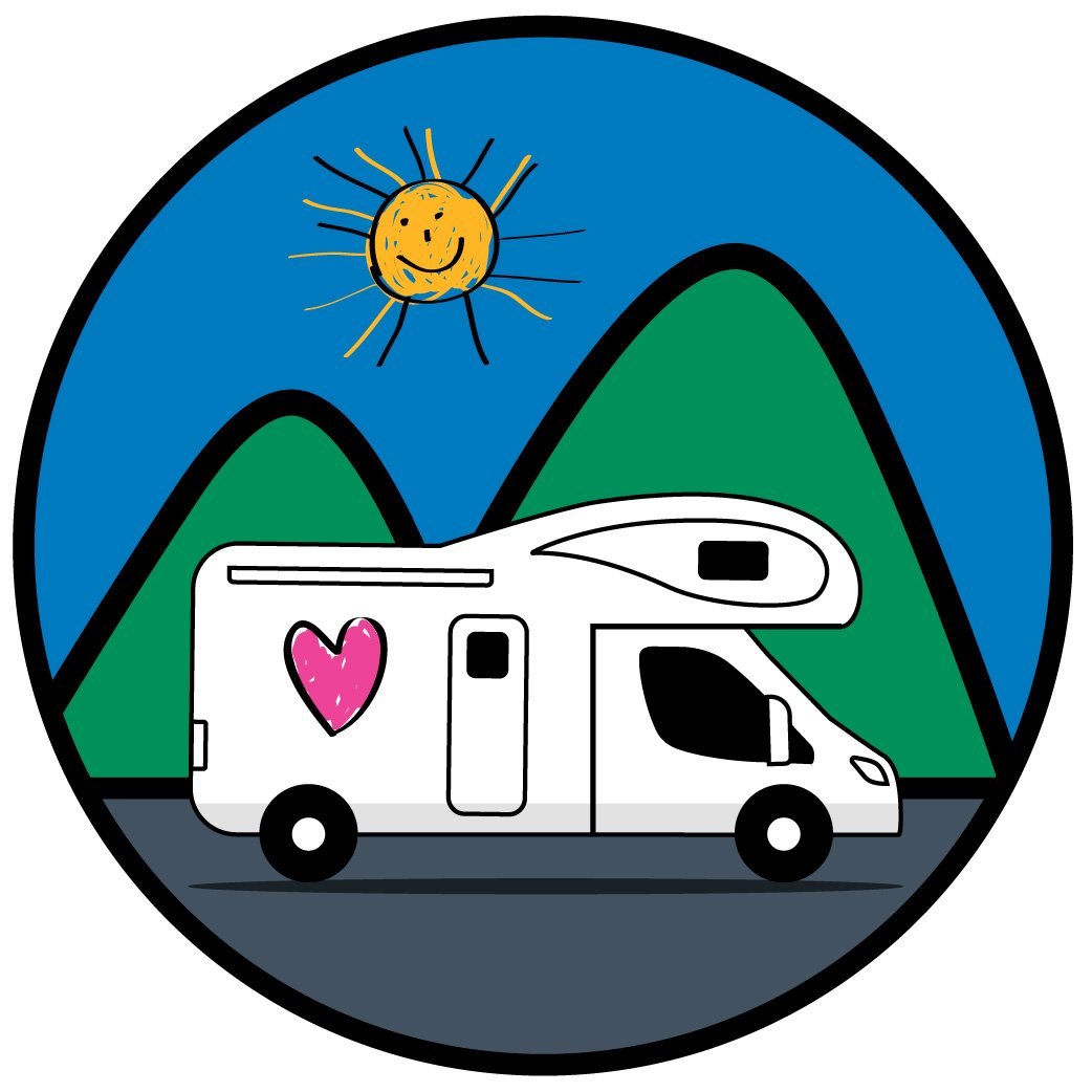 logo - dibujo de autocaravana, montanas, sol