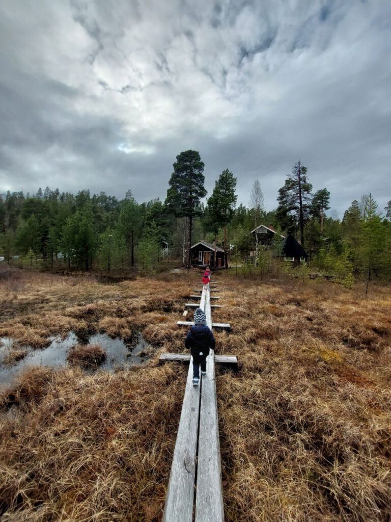 Ninos caminando cerca del bosque, Inari, Finlandia
