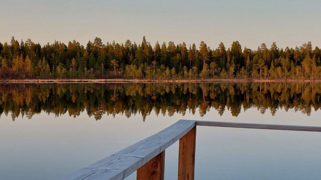 Vista al lago en Inari, Finlandia, arboles y sus reflejo en el lago