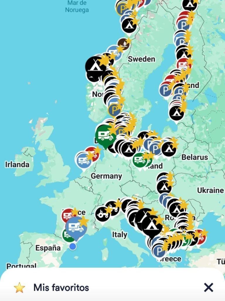 mapa de Europa con lugares guardados como favoritos