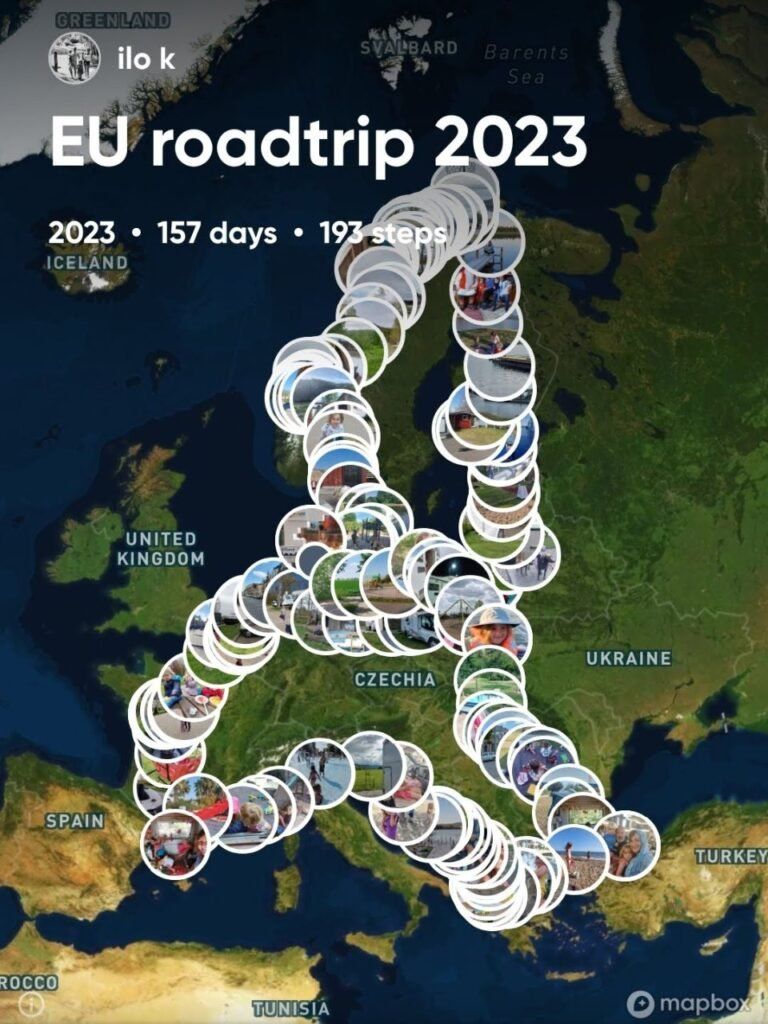 Screenshot de una app Polarsteps con la ruta por Europa
