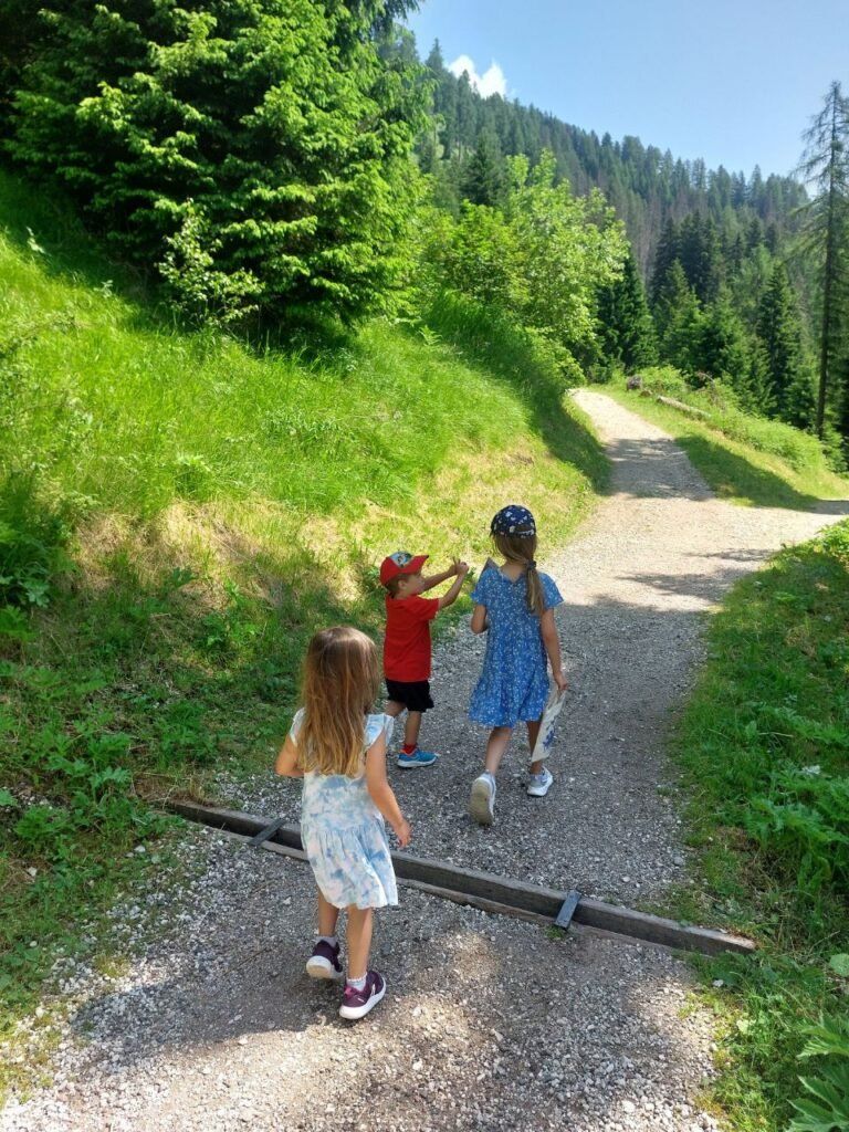 Ninos haciendo la ruta en la montana en Dolomitas Italia