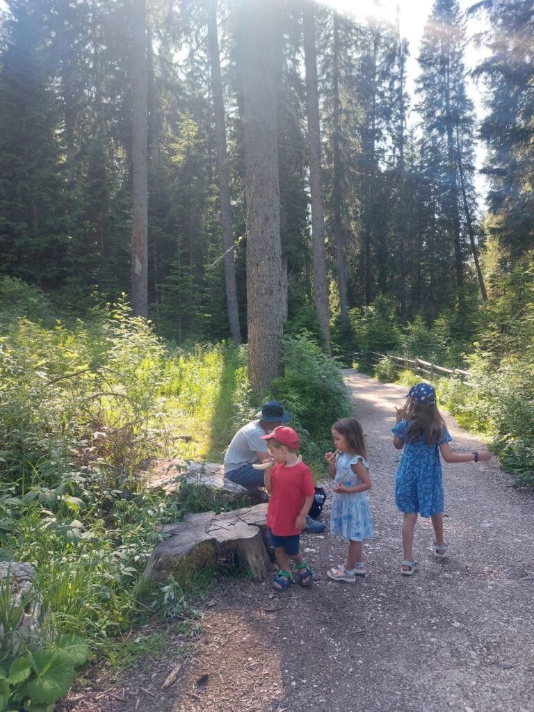 ninos caminando alrededor de Lago di Carezza en Dolomitas